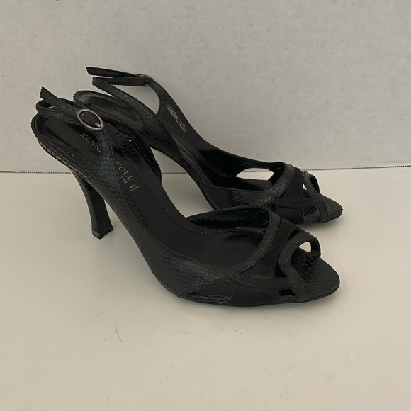 Kenneth Cole New York Black High Heels, Open Toe, Leather, Spain, Size 7.5. - Picture 3 of 7